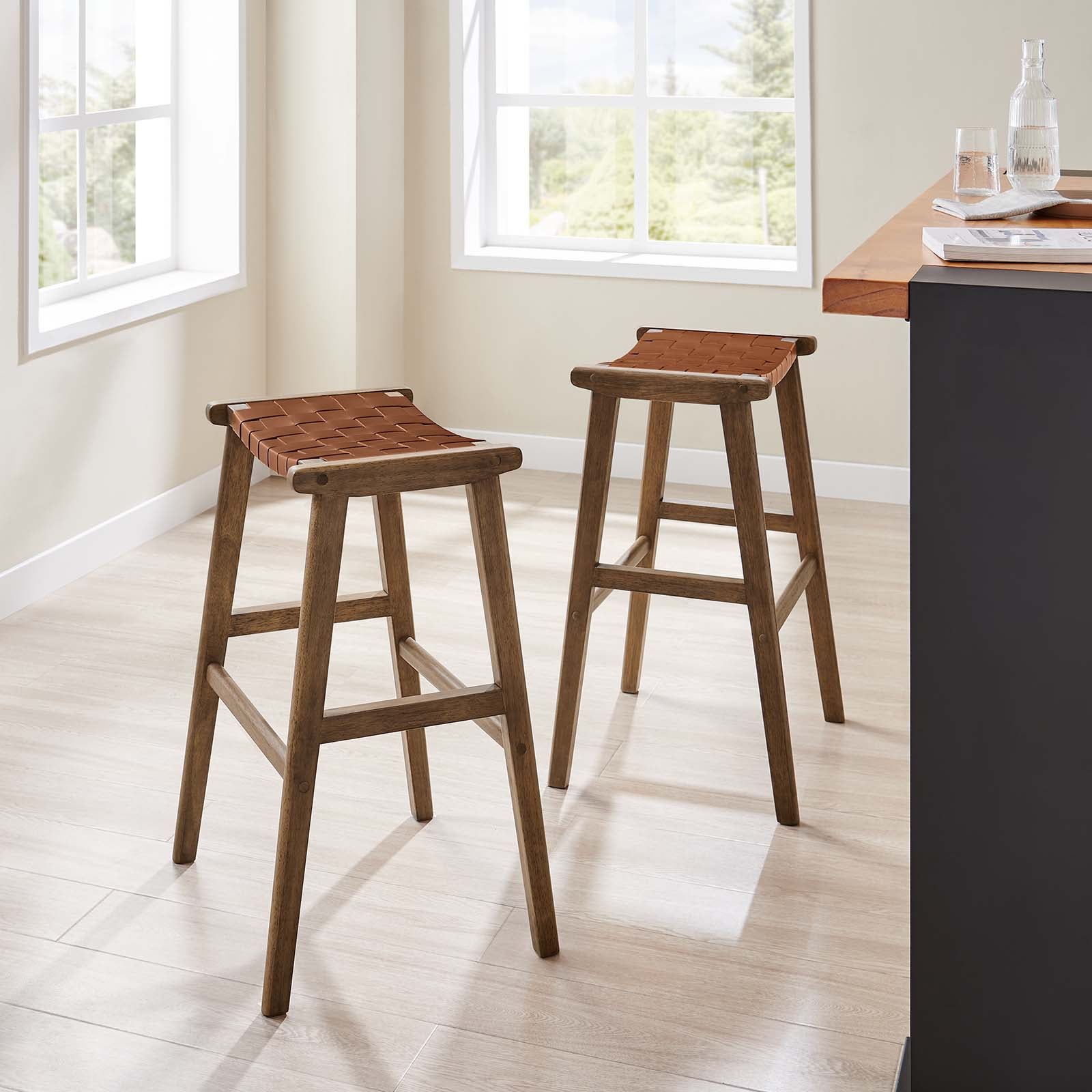 Saorise Woven Leather Wood Bar Stool Set of 2