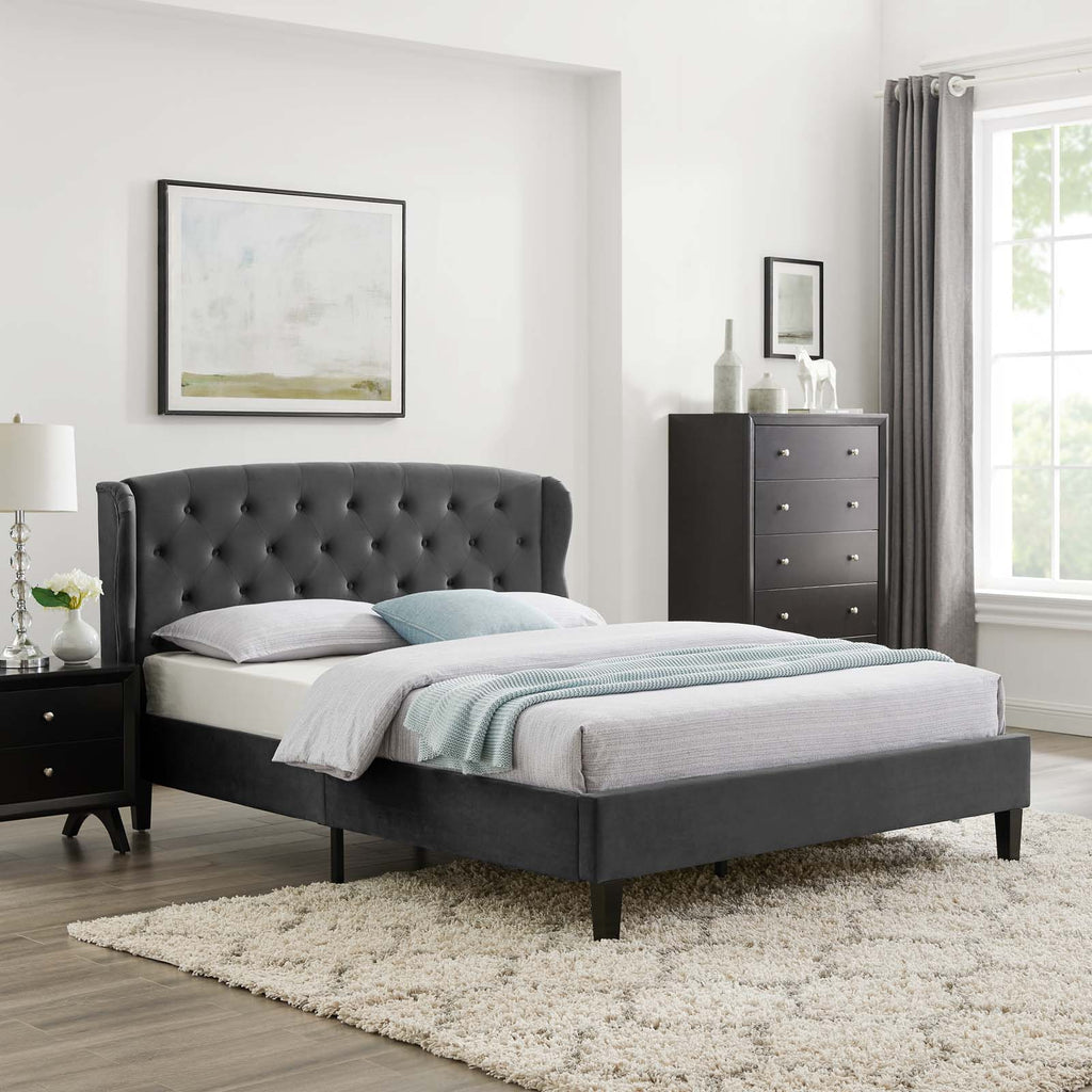 Penelope Tufted Wingback Queen Performance Velvet Platform Bed