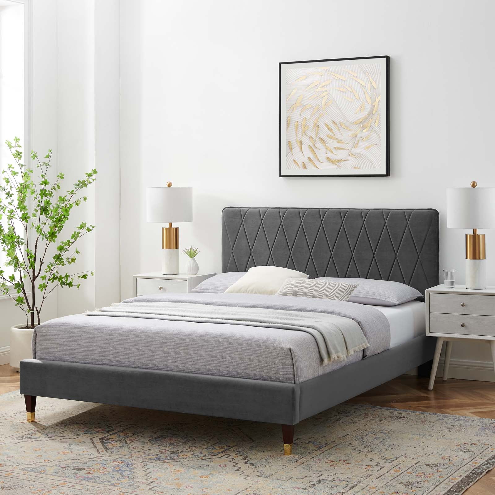 Phillipa Performance Velvet Platform Bed with Gold Metal Sleeves - East Shore Modern Home Furnishings