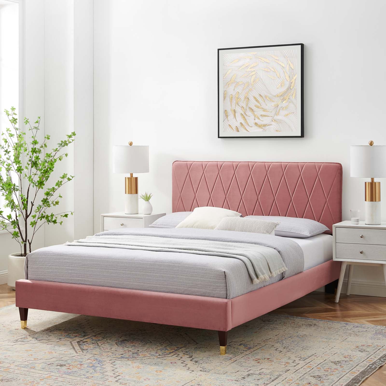 Phillipa Performance Velvet Platform Bed with Gold Metal Sleeves - East Shore Modern Home Furnishings