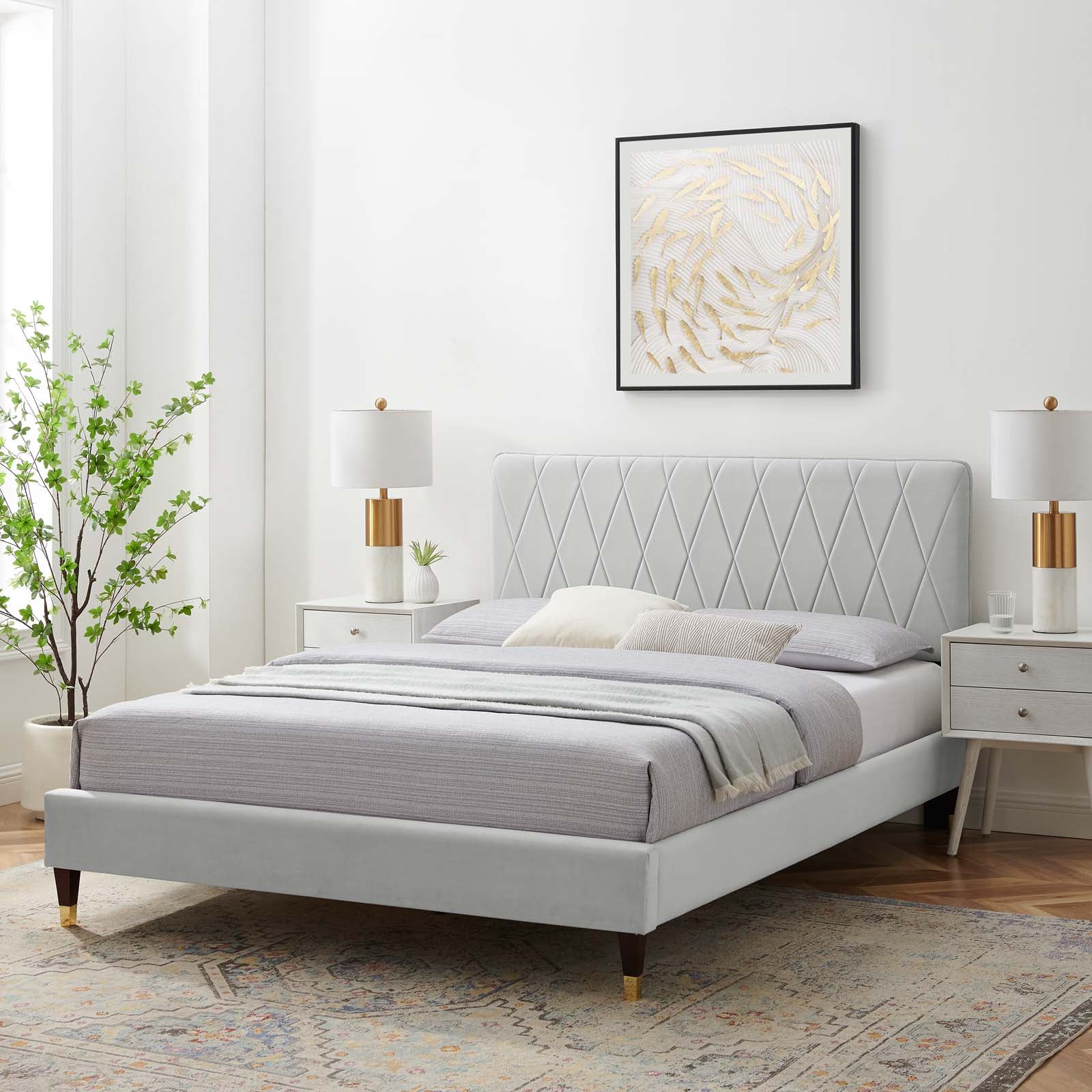 Phillipa Performance Velvet Platform Bed with Gold Metal Sleeves - East Shore Modern Home Furnishings