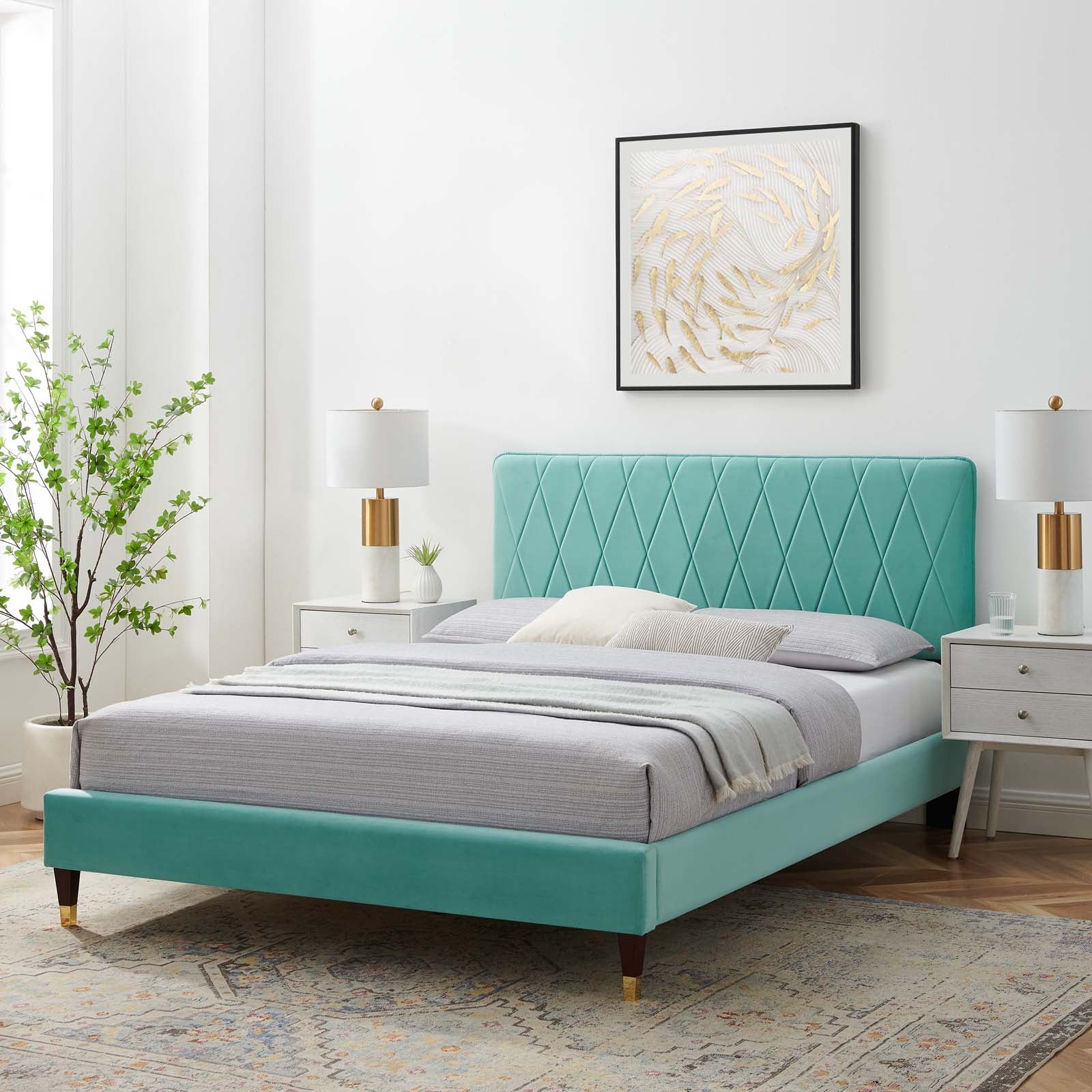 Phillipa Performance Velvet Platform Bed with Gold Metal Sleeves - East Shore Modern Home Furnishings