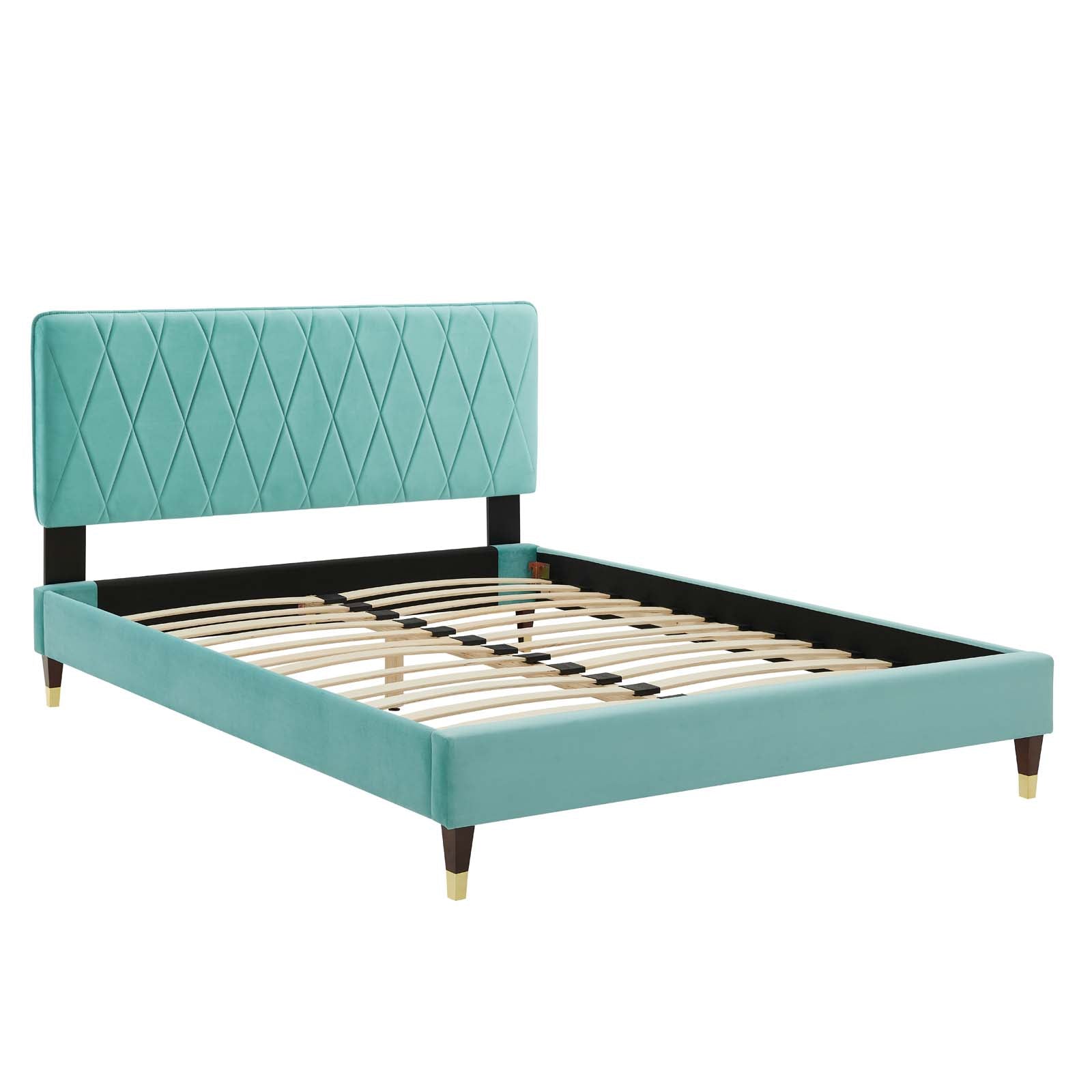 Phillipa Performance Velvet Platform Bed with Gold Metal Sleeves - East Shore Modern Home Furnishings