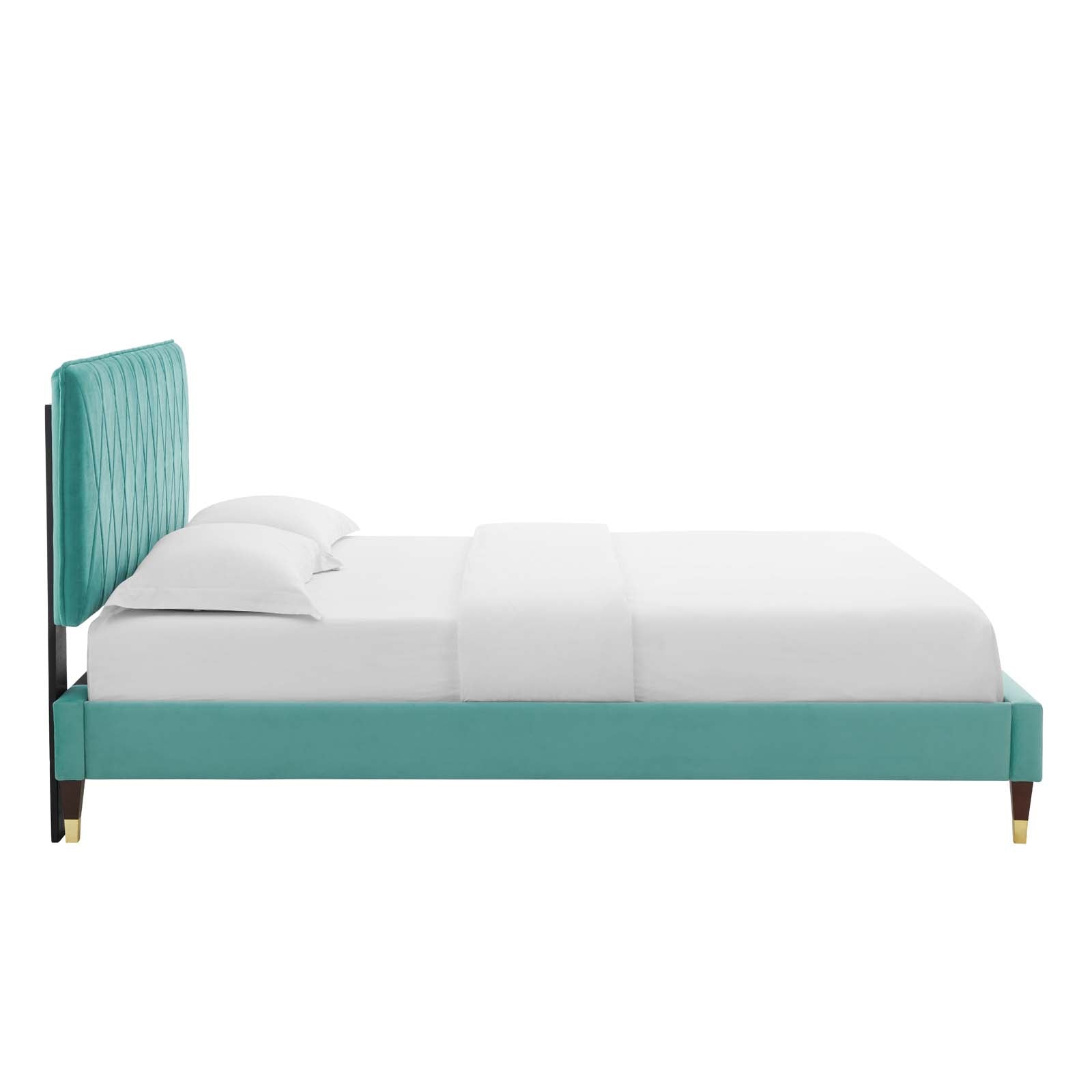 Phillipa Performance Velvet Platform Bed with Gold Metal Sleeves - East Shore Modern Home Furnishings