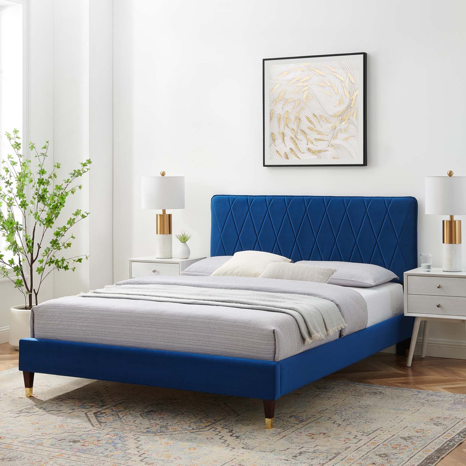 Phillipa Performance Velvet Platform Bed with Gold Metal Sleeves - East Shore Modern Home Furnishings