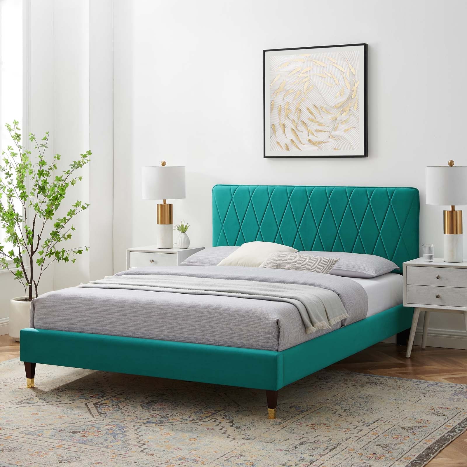 Phillipa Performance Velvet Platform Bed with Gold Metal Sleeves - East Shore Modern Home Furnishings