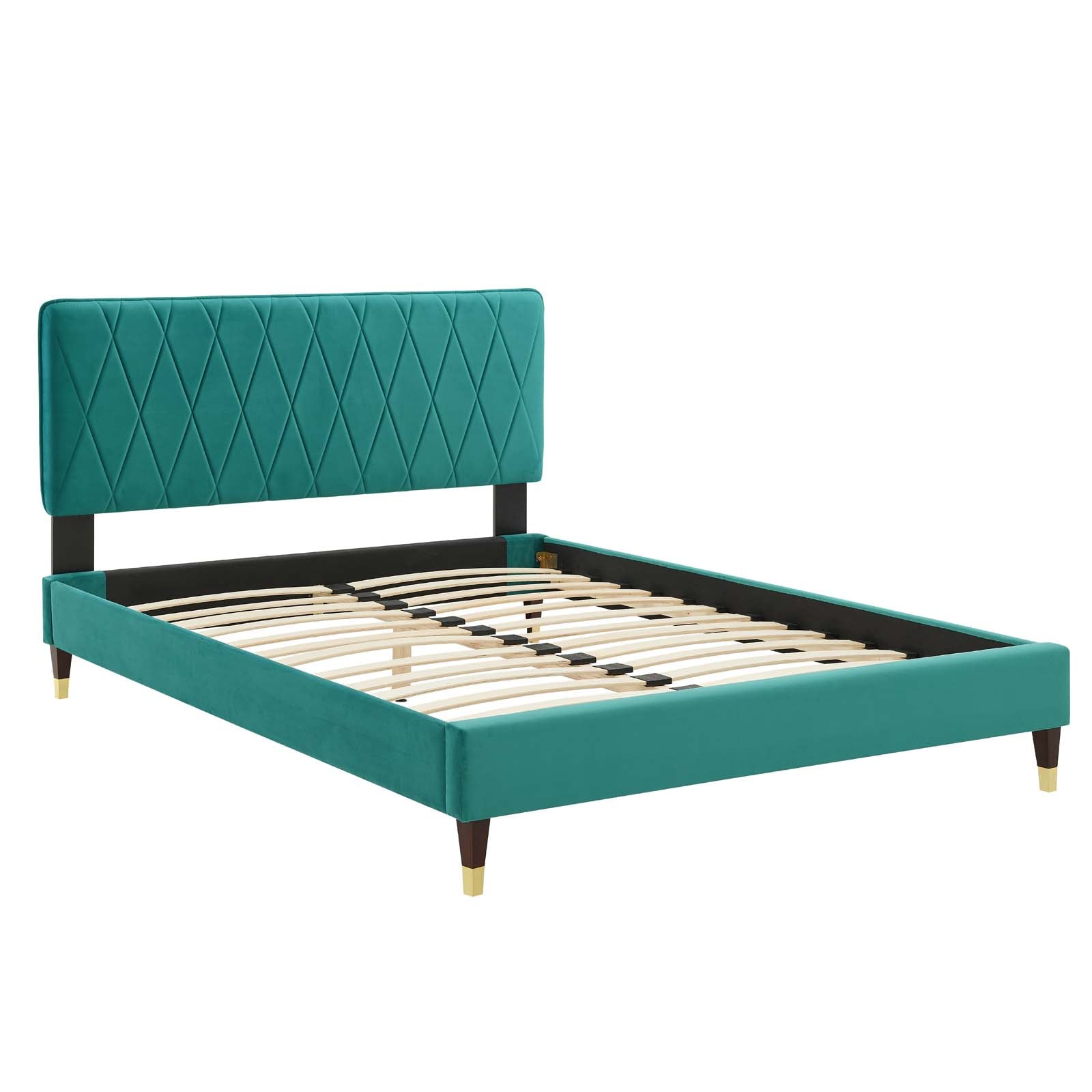 Phillipa Performance Velvet Platform Bed with Gold Metal Sleeves - East Shore Modern Home Furnishings