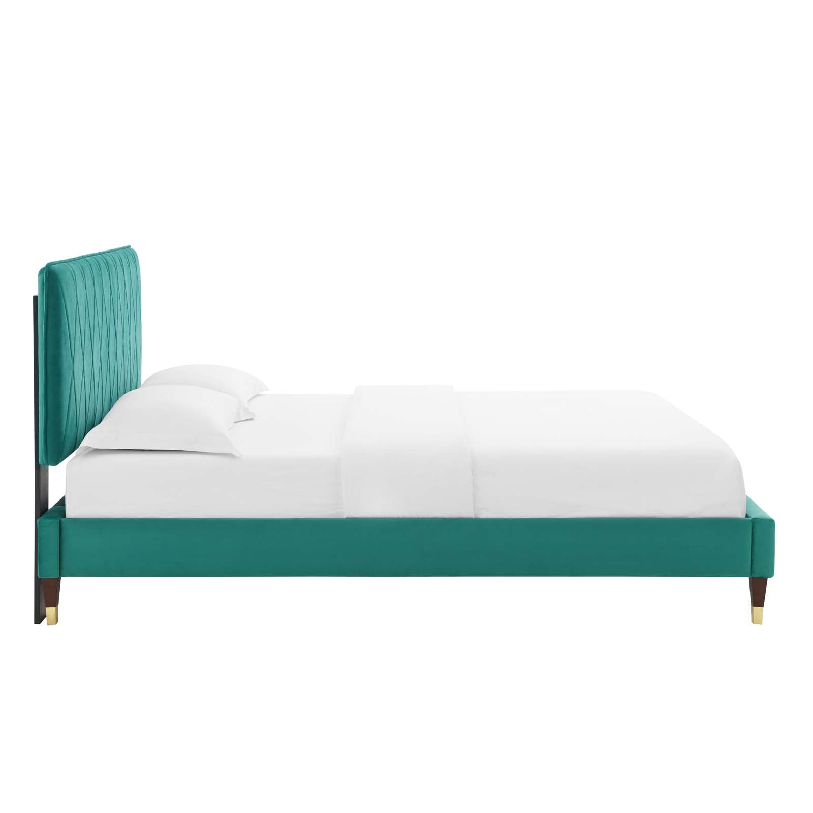 Phillipa Performance Velvet Platform Bed with Gold Metal Sleeves - East Shore Modern Home Furnishings