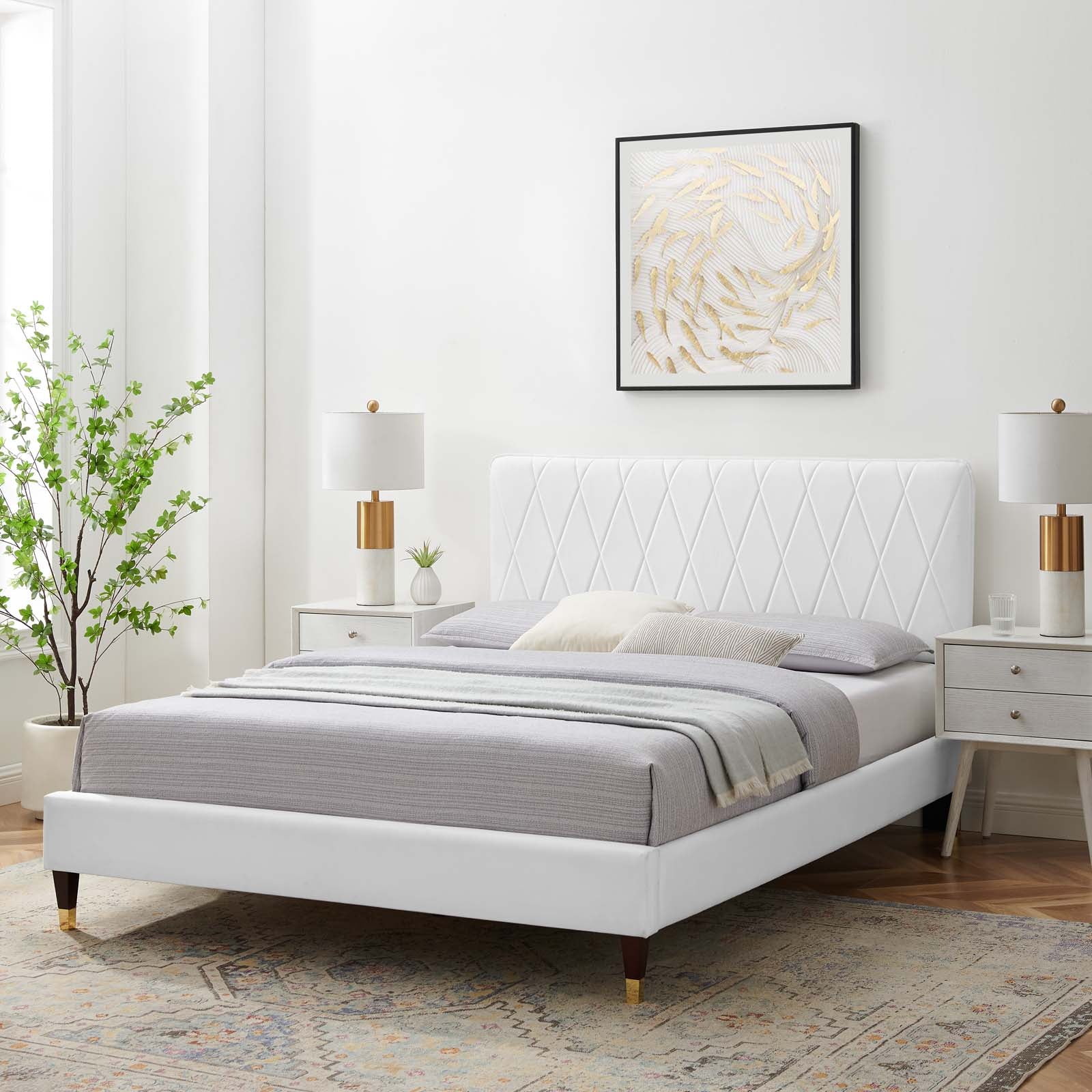 Phillipa Performance Velvet Platform Bed with Gold Metal Sleeves - East Shore Modern Home Furnishings